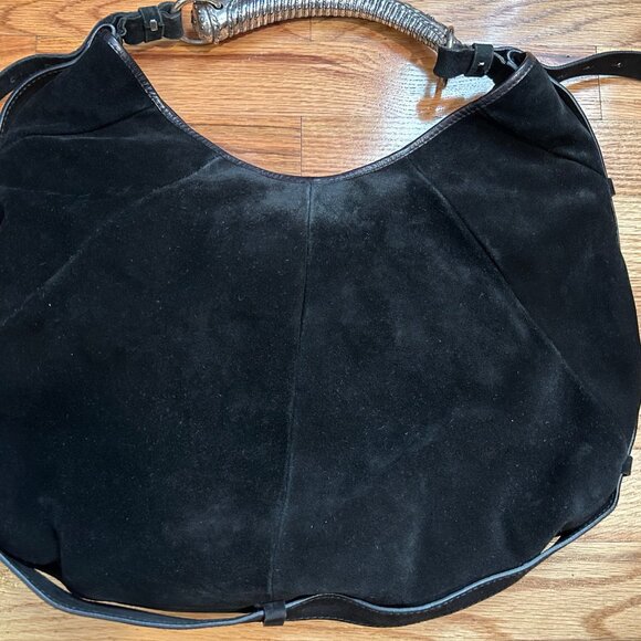 Authentic YSL Yves Saint Laurent Black Suede Mombasa Silver Horn Hobo Handbag - Picture 15 of 16